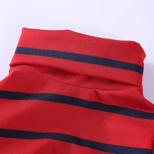 Close-up detail of the red and navy striped pet turtleneck clothing fabric texture.