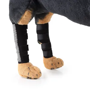 Dettaglio della protezione per zampa di cane con striscia riflettente e velcro regolabile