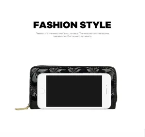 Black quilted glossy long wallet for women shown with smartphone for size comparison
