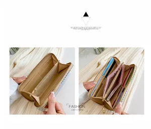 Detailed interior view of a linen clutch wallet with multiple card slots and compartments