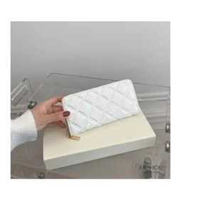 Elegant white quilted long wallet for women with glossy finish and diamond pattern design