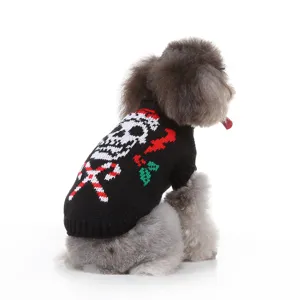 Pull de Noël pour chien en tricot noir, détail de vêtement chaud hiver avec motif tête de mort.