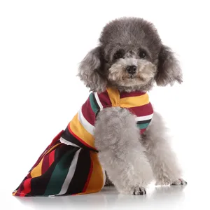Colorful striped dog summer dress for small pets, cute and breathable puppy skirt wear.