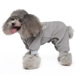 Grey fleece four-legged dog jumpsuit with high collar, cozy pet winter clothing for small dogs.