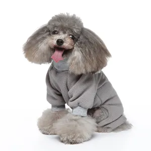 Detailed view showcasing soft grey fleece fabric and high-neck design of pet jumpsuit.