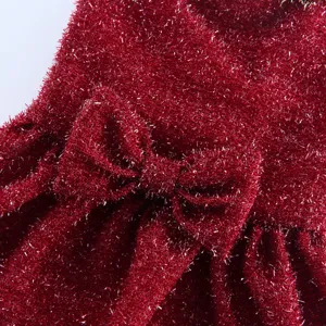 Détail de robe de chien rouge scintillante avec un nœud élégant pour fête et mariage.