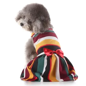 Colorful striped dog summer dress with red bow, cute pet apparel for small dogs.