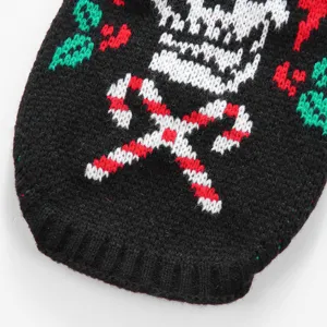 Gros plan détaillé d'un pull pour animal de compagnie en tricot avec motif de crâne.