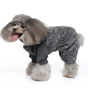 Grey fleece dog jumpsuit detail showing soft fabric and four leg design for winter pets.