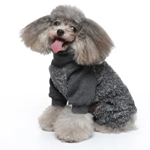 Close-up detail of grey pet fleece onesie, high collar four-leg warm dog clothing design.