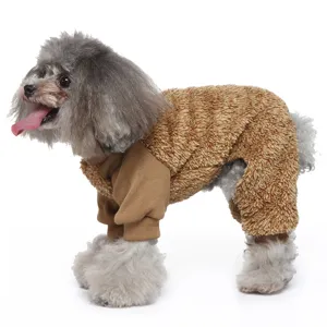 Cozy brown fleece four-leg dog jumpsuit turtleneck pet winter warm clothing detail view.