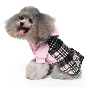Cute winter warm pet dog clothes pink plaid dress four-leg fleece hoodie for small puppy apparel