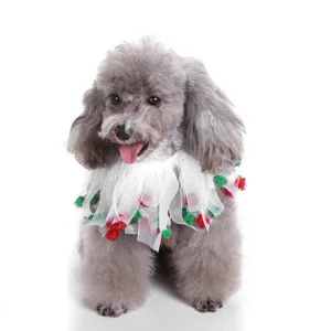 Close-up of a decorative white mesh pet collar with red and green Christmas pom-poms