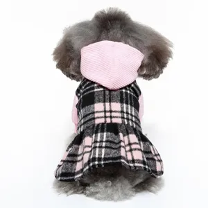 Back view of cute pet dog clothes, autumn winter pink black plaid fleece dress hoodie.