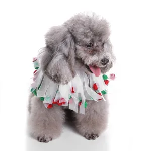Cute festive pet collar featuring white mesh and colorful pom-poms on a fluffy grey dog