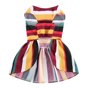 Detailed view of the colorful striped pet summer dress, showcasing vibrant rainbow patterns.