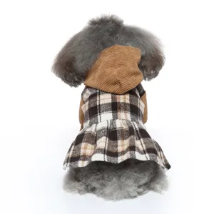 Cute autumn winter dog plaid dress with corduroy hoodie, cozy pet apparel for small dogs.