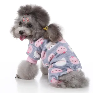 Cute pink cat pattern fleece dog pajamas for autumn and winter warmth and extra comfort
