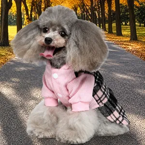 Pet Dog Clothes Winter Warm Four-Legged Polar Fleece Outfit High Collar Plaid Skirt Puppy Apparel