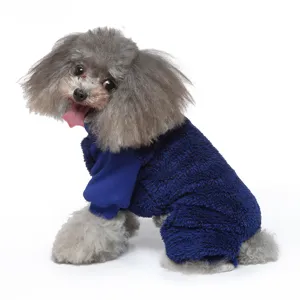 Cute dog fleece jumpsuit winter warm pet clothes high collar four-leg dog apparel blue