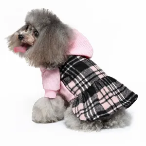 Cute winter dog plaid dress with hoodie fleece pet clothing for small dogs warm outfit