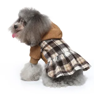 Cute autumn winter dog dress with plaid skirt and fleece hoodie for small pets cozy.