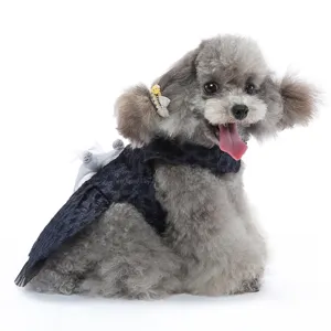 Gros plan détaillé de la robe pour chien en dentelle élégante avec un nœud papillon raffiné.