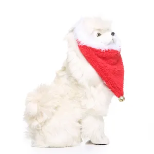 Festive red pet scarf with white plush trim and bell on a dog model