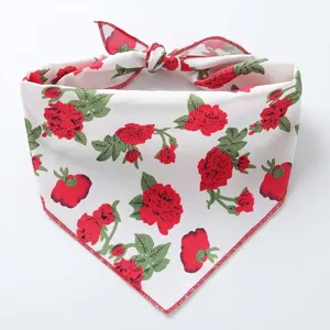 Detailweergave van witte hondensjaal met levendig rood bloemmotief en rode stiksels