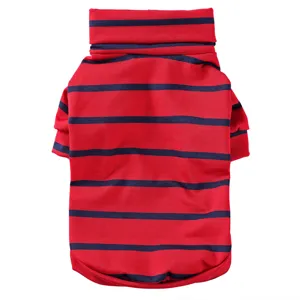 Roter und dunkelblauer gestreifter Haustier Pullover mit hohem Rollkragen Details.