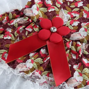 Détail de robe pour chien avec imprimé floral, joli nœud rouge et décor de strass.