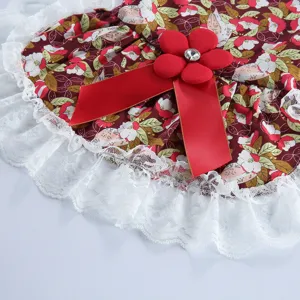 Détail en gros plan de la robe pour chien avec motif floral, nœud rouge et dentelle blanche.