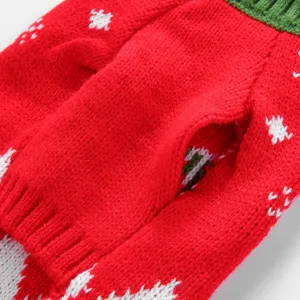Gros plan sur la texture tricotée du pull pour animaux, avec des motifs de flocons rouge et vert.