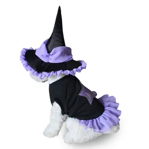 Halloween pet witch costume set featuring a ruffled hat and star patterned black dress