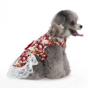 Robe de chien florale chic avec bordure en dentelle et nœud pour fête de mariage, style princesse.