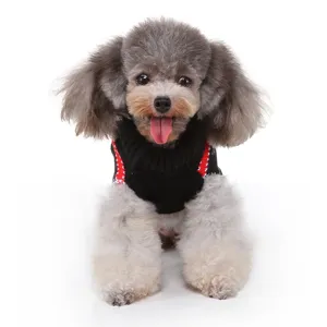Pull tricoté chaud d'hiver pour chien col roulé noir avec détails rouges et blancs mode