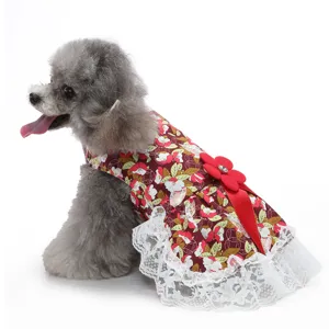 Jolie robe pour chien à fleurs avec dentelle blanche et nœud rouge pour fête d'animaux.