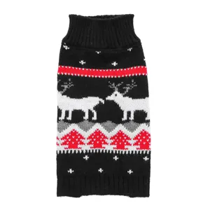 Pull de Noël pour animaux en noir avec rennes blancs et arbres tricot col roulé chien.