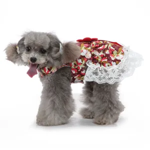 Robe de chien style princesse à fleurs et dentelle blanche, idéale pour mariages et fêtes.
