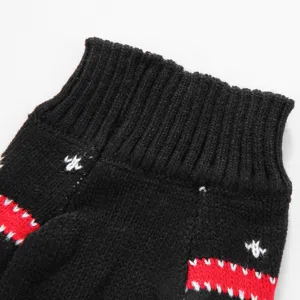 Gros plan détaillé d'un pull pour animal de compagnie en tricot noir avec bande rouge.