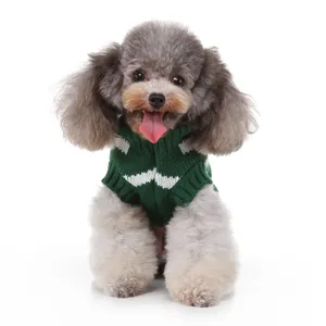 Pull d'hiver vert pour animal de compagnie avec col roulé et motif en tricot blanc, chaud et doux.