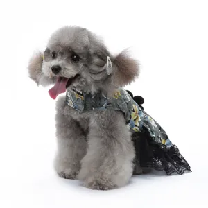 Vue détaillée de la robe pour chien élégante avec imprimé floral et bordure en dentelle.