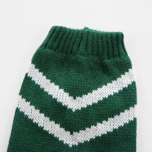 Gros plan détaillé d'un pull pour animal en tricot vert avec rayures en chevron blanches.
