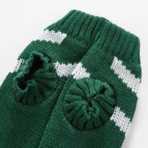 Gros plan détaillé du pull en tricot vert pour animal de compagnie avec rayures blanches, hiver.