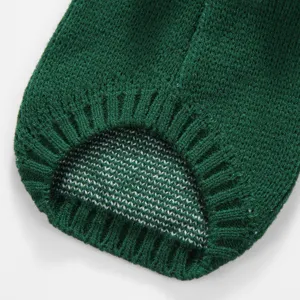 Vue détaillée du tissu du pull tricoté vert foncé pour animaux, col côtelé chaud et doux.