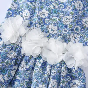 Gros plan détaillé d'une jolie robe pour animal à fleurs bleues et fleurs en tulle blanc.