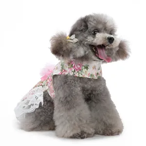 Jolie robe florale pour chien avec bordure en dentelle et nœud rose mariage fête.