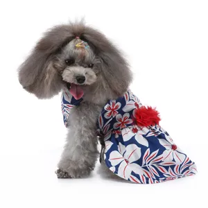 Vue de détail de la jolie robe d'été pour animaux avec imprimé floral bleu et fleur rouge.