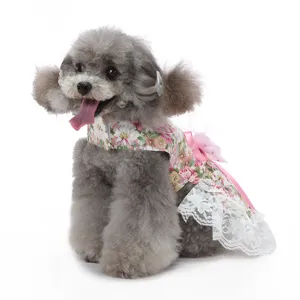 Gros plan détaillé de la robe florale pour chien avec dentelle et nœud rose charmant.