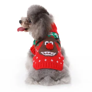 Joli pull de Noël rouge pour chien avec motif de renne, vêtement d'hiver chaud à col roulé.